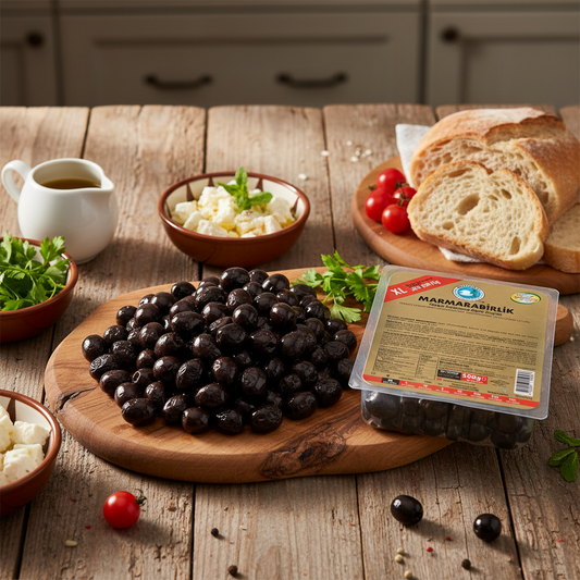 Marmarabirlik dabiski marinētas melnās olīvas XL Vidusjūras mezze vidē ar svaigu maizi, fetas sieru un olīveļļu