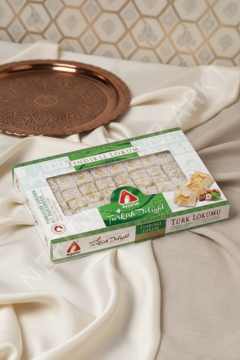 Avşarlar lukums ar lazdu riekstiem elegantā dāvānu prezentācijā ar turku ornamentiem