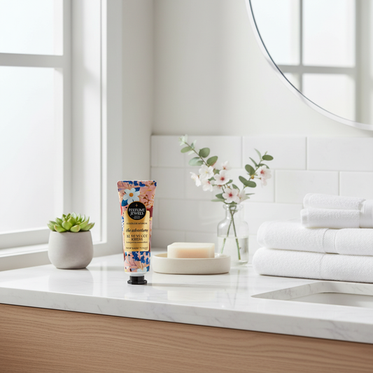 Perfume Jewels The Adventure roku krēms luksusa vannas istabas interjerā ar dvieļiem un ziediem