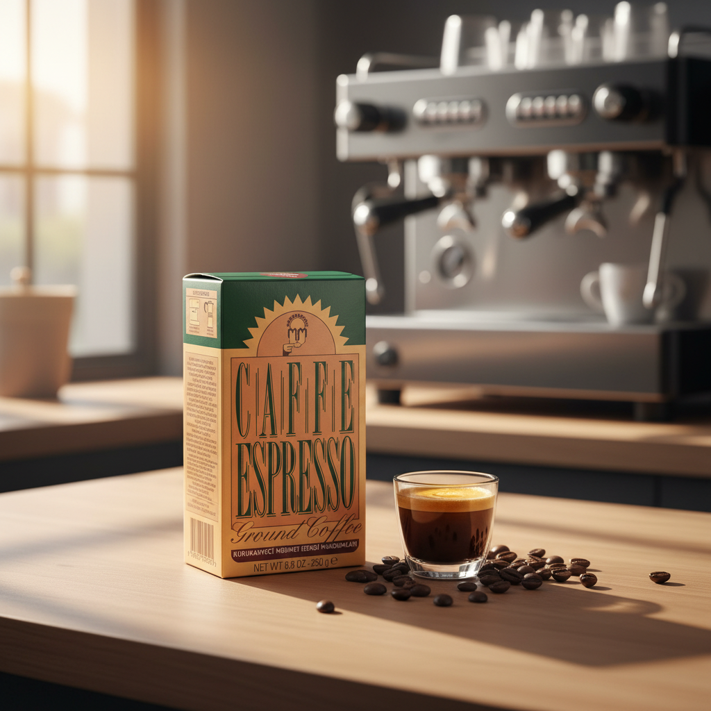 Mehmet Efendi espresso 250g kafejnīcas vidē ar profesionālu espresso aparātu un svaigi pagatavotu kafiju