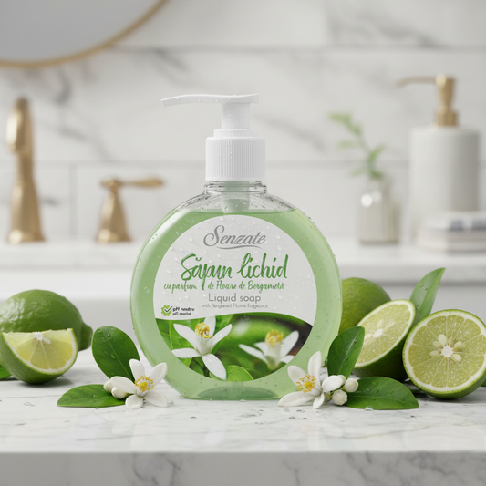 SENZATE šķidrās ziepes ar bergamotes zieda aromātu 500ml uz marmora ar bergamotes ziediem