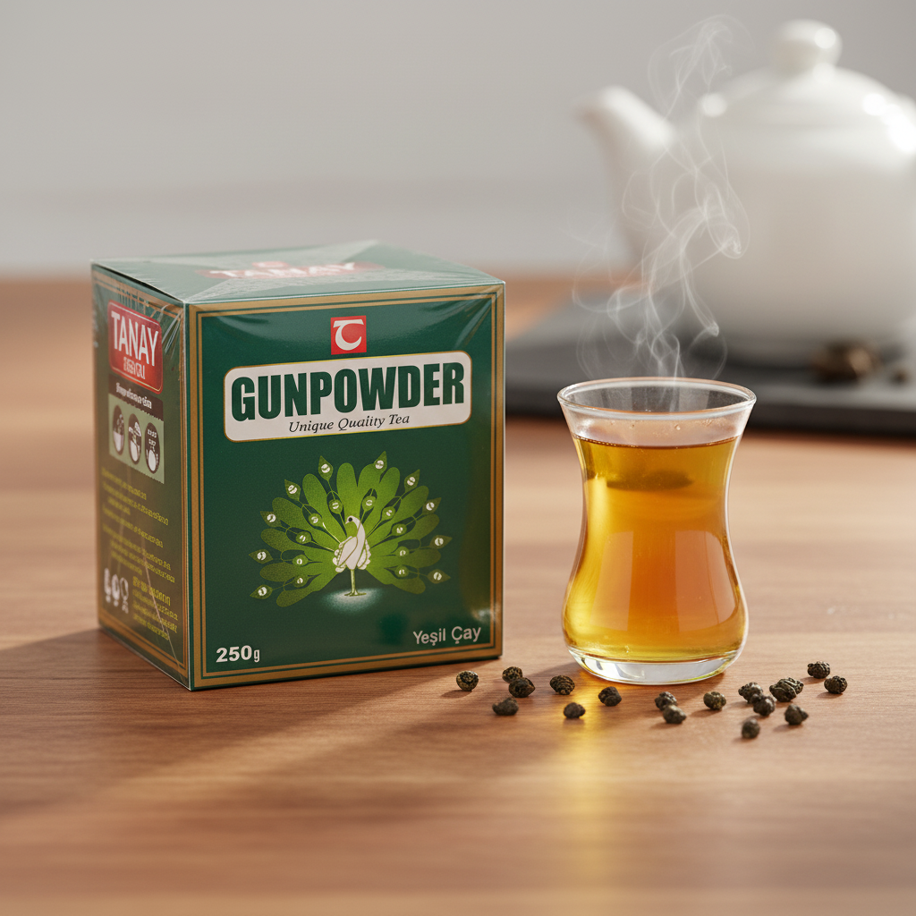Tanay zaļā tēja gunpowder 250g premium dzīvesveida foto ar turku tējas glāzi
