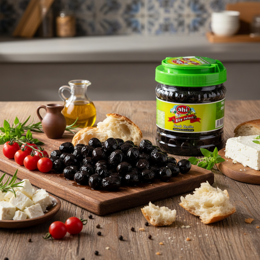 Ahi melnās olīvas sausās Vidusjūras vidē ar svaigu maizi, fetas sieru, olīveļļu un tomātiem, rustikāls galds