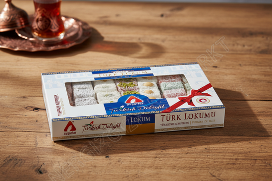 Avşarlar īpašā turku lukuma izlase uz dabīga koka galda ar turku tējas glāzi fonā, premium saldumiņi