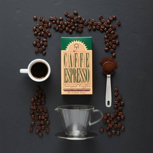 Turku espresso kafija MEHMET EFENDI 250g elegantā flat lay kompozīcijā ar grauzdētām pupiņām un espresso krūzi