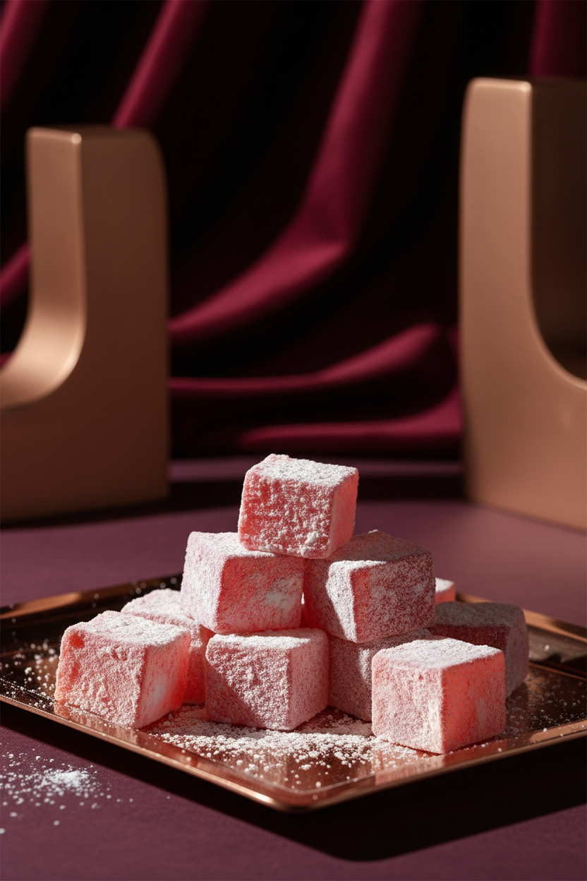 Avşarlar granātābolu lukums profesionālā studijas apgaismojumā, luksusa turku saldumiņi ar rozā-sarkano krāsu un cukura pūderi