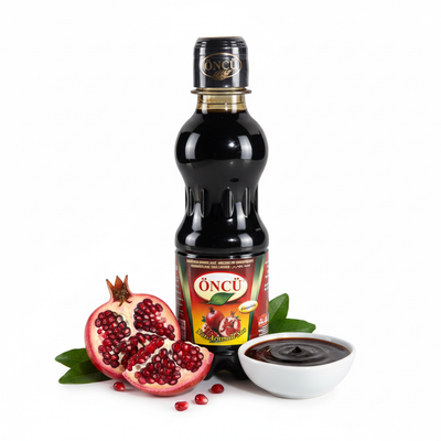 Öncü granātābolu mērce 330g gatavošanai, minimālistisks produkta foto ar svaigiem granātāboliem, balts fons