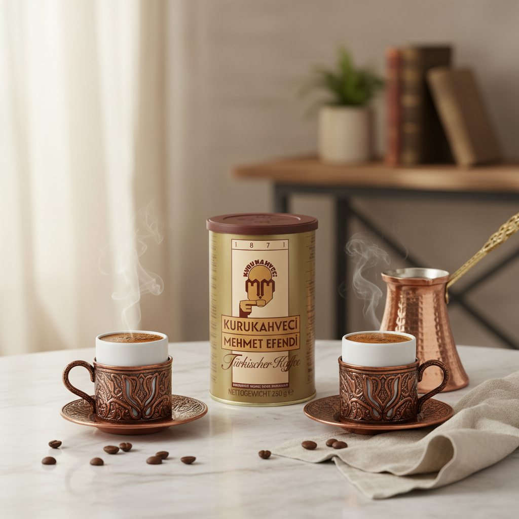 Kurukahveci Mehmet Efendi 250g Türk kahvesi geleneksel fincanlar ve cezve ile
