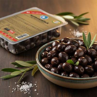 Marmarabirlik Dabiski marinētas melnās olīvas vakumā XL 500g Marmarabirlik dabiski marinētas melnās olīvas XL tuvplāns, liela izmēra olīvas ar dabisku marinādi un olīveļļu