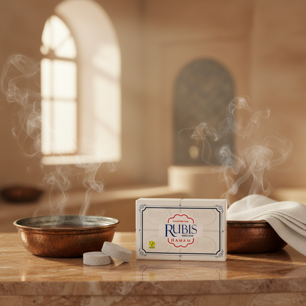 Dabīgās Turku pirts hamam ziepes,  RUBIS HAMAM, 150 g x 4 gab. RUBIS HAMAM dabīgās Turku pirts ziepes autentiskā hamama vidē ar marmoru