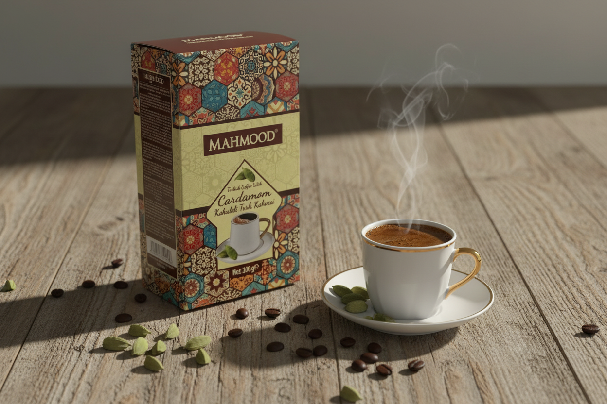Turku kafija ar kardamonu MAHMOOD dzīvesstila fotogrāfijā ar svaigiem kardamona pākstīm un kafijas pupiņām - aromātiska kafijas brīža atmosfēra