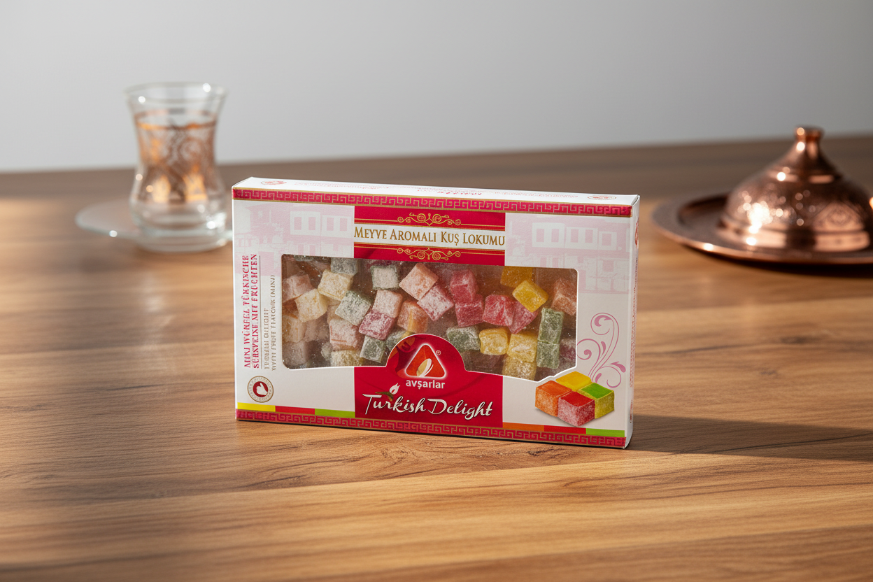 Avşarlar turku lukums ar augļu garšu uz dabīga koka galda ar turku tējas glāzi fonā, premium saldumiņi