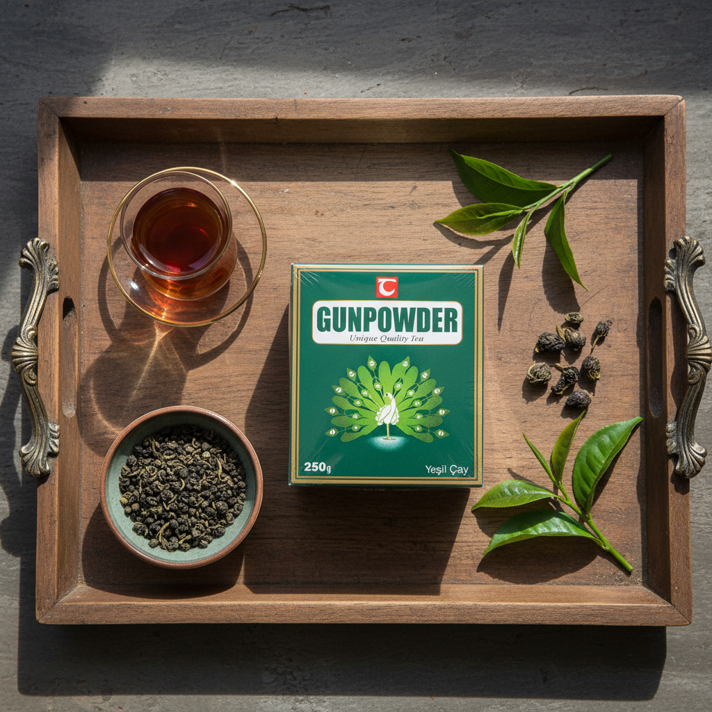 Tanay zaļā tēja gunpowder 250g flat lay kompozīcija ar turku tējas aksesuāriem