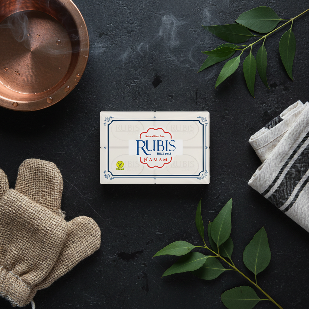 Dabīgās Turku pirts hamam ziepes,  RUBIS HAMAM, 150 g x 4 gab. RUBIS HAMAM Turku pirts ziepes flat lay ar hamama aksesuāriem