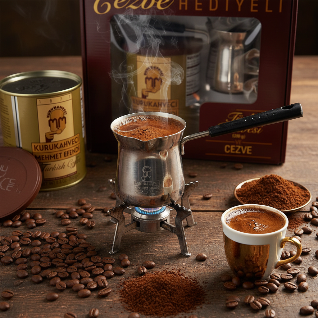 Набор турецкого кофе Mehmet Efendi (турецкий кофе, джезва - турецкий кофейник) Подарок Mehmet Efendi turku kafijas komplekts uzliešanas process ar džezvi, svaiga kafija ar tvaikiem, dāvanu komplekts