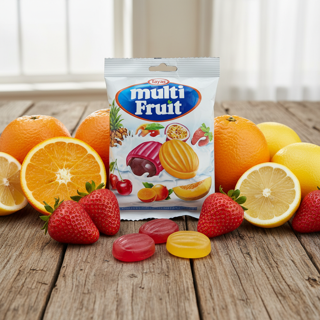Tayas, sūkājamās konfektes ar dažādu augļu garšu, 90g Tayas meyve aromalı şekerler 90g taze meyvelerle