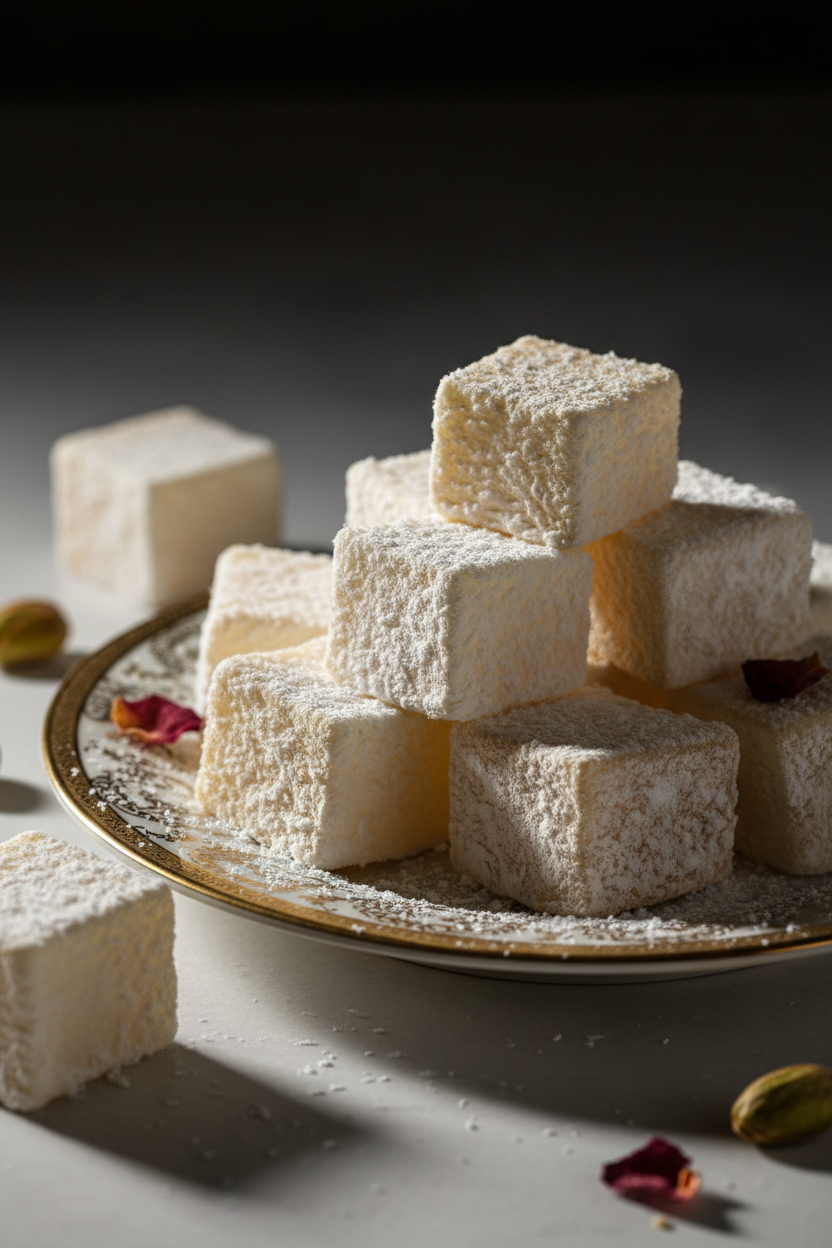 Klasiskais oriģinālais turku lukums profesionālā studijas apgaismojumā, balti saldumiņi ar cukura pūderi