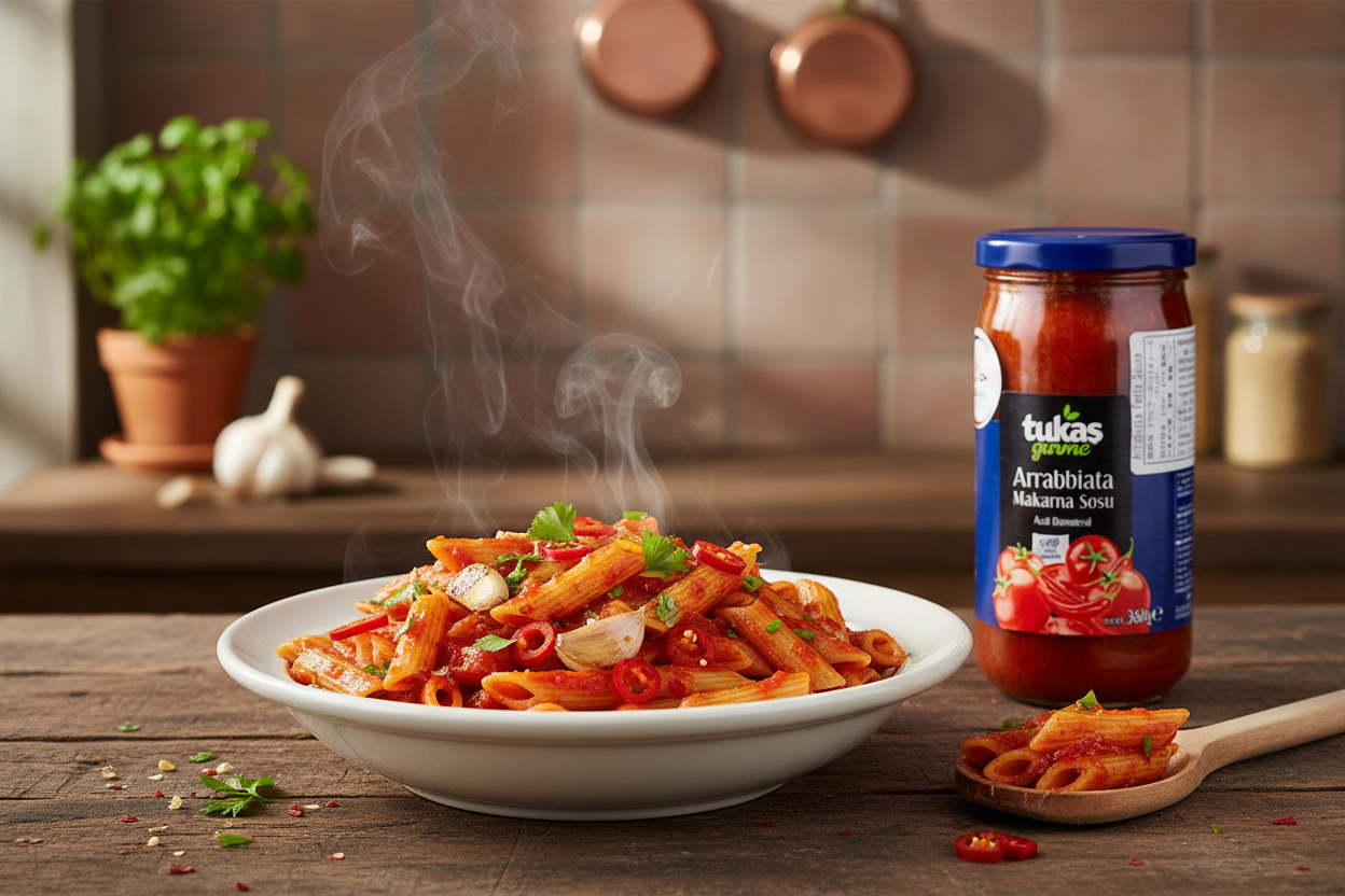 Tukas, Makaronu mērce „Arrabiata“, 360g Tukas Arrabiata asā mērce ar svaigi pagatavotām makaronām un sarkano piparu