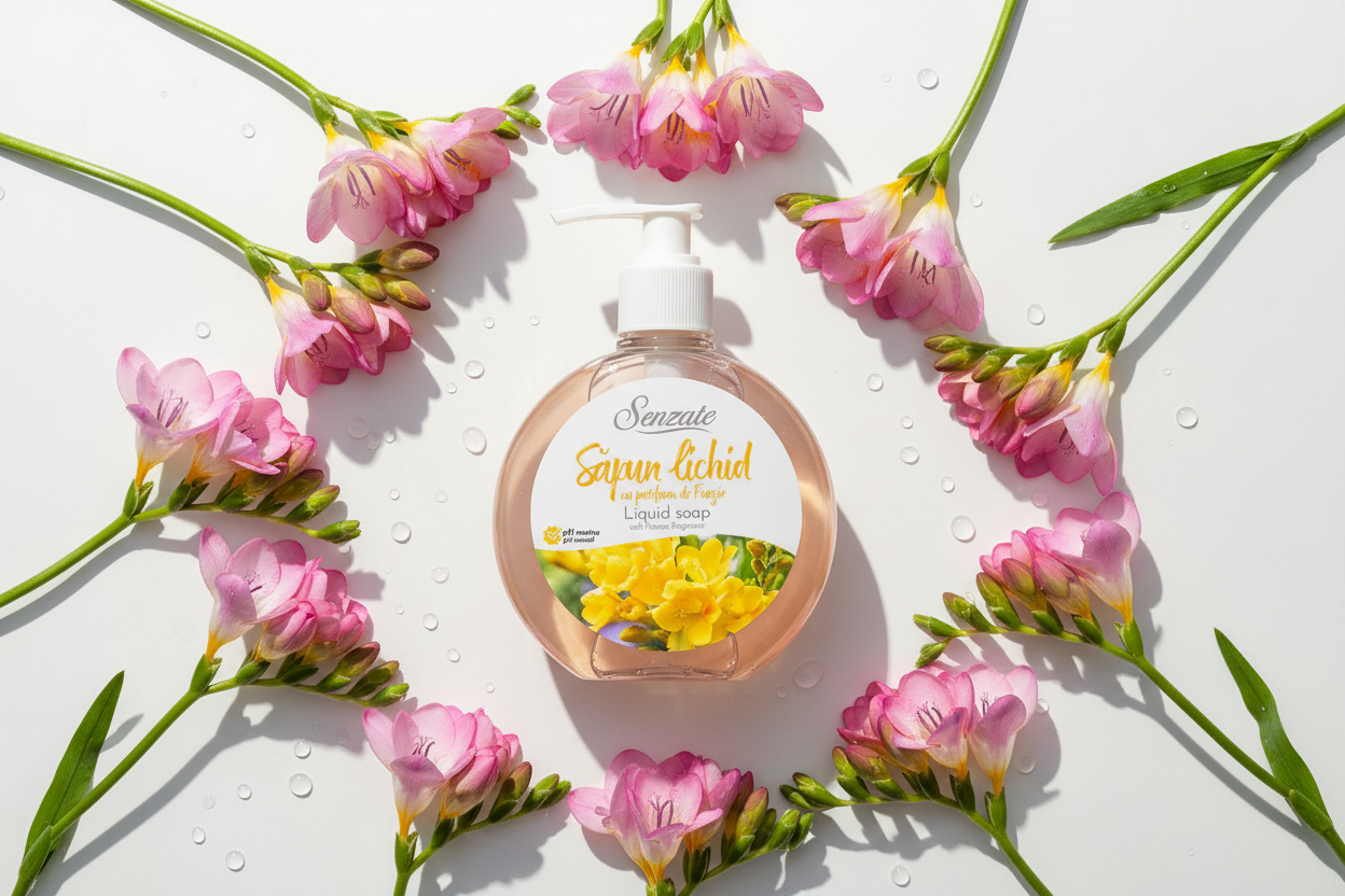 SENZATE šķidrās ziepes ar frēziju aromātu 500ml - botāniskā kompozīcija ar svaigām ziediem