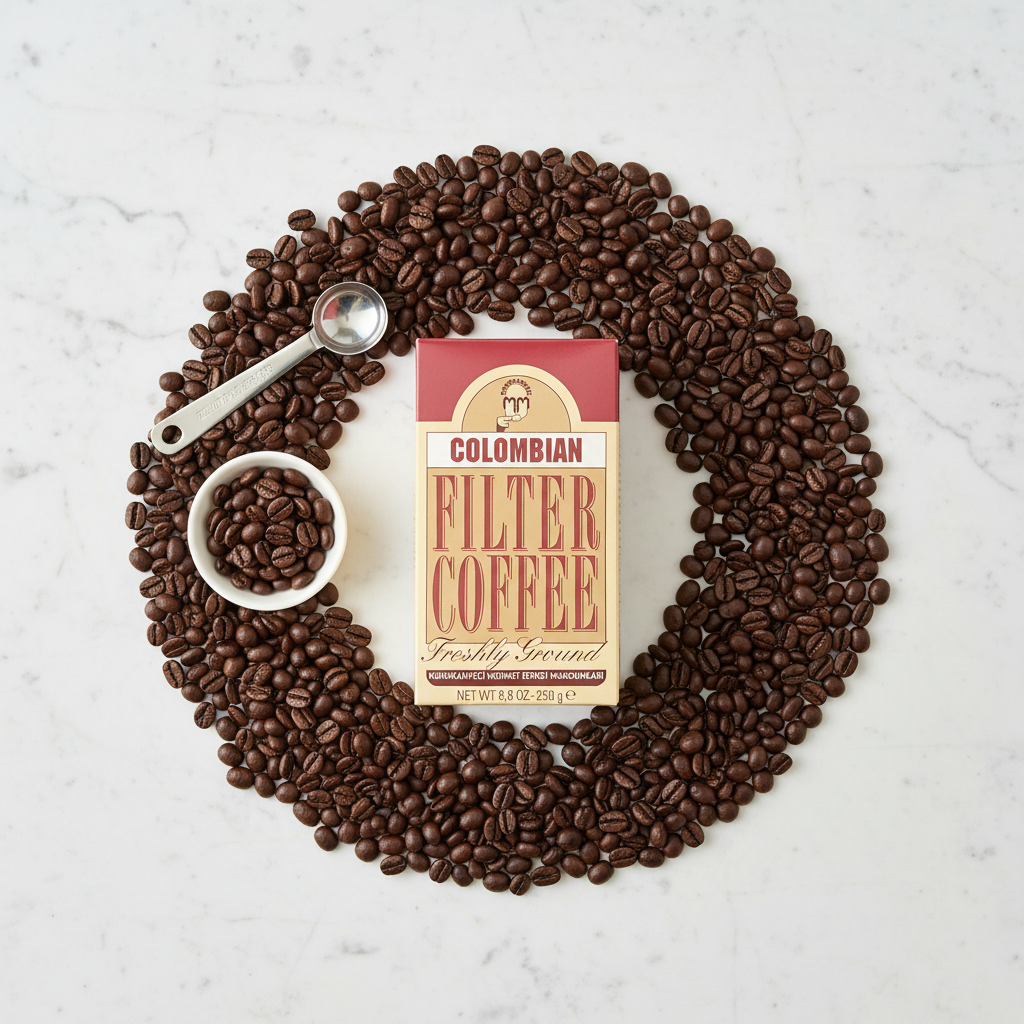 Maltā kafija, Kolumbijas, KURUKAHVECI MEHMET EFENDI, 250 g Elegant flat lay composition of Colombian coffee on marble surface