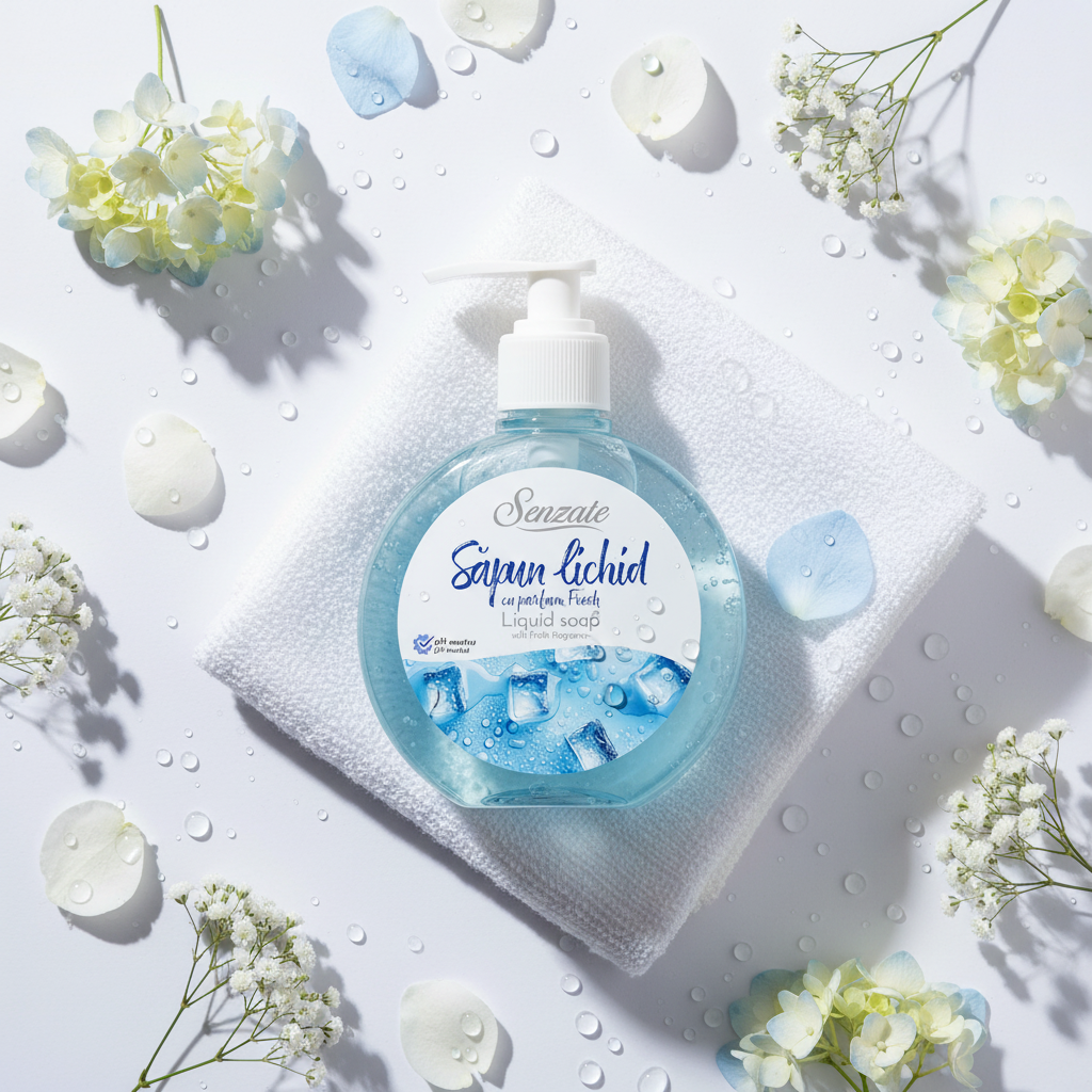 Šķidrās ziepes ar svaigu aromātu, SENZATE, 500ml SENZATE šķidrās ziepes ar svaigu aromātu 500ml elegantā flat lay kompozīcijā ar ziedu ziedlapām