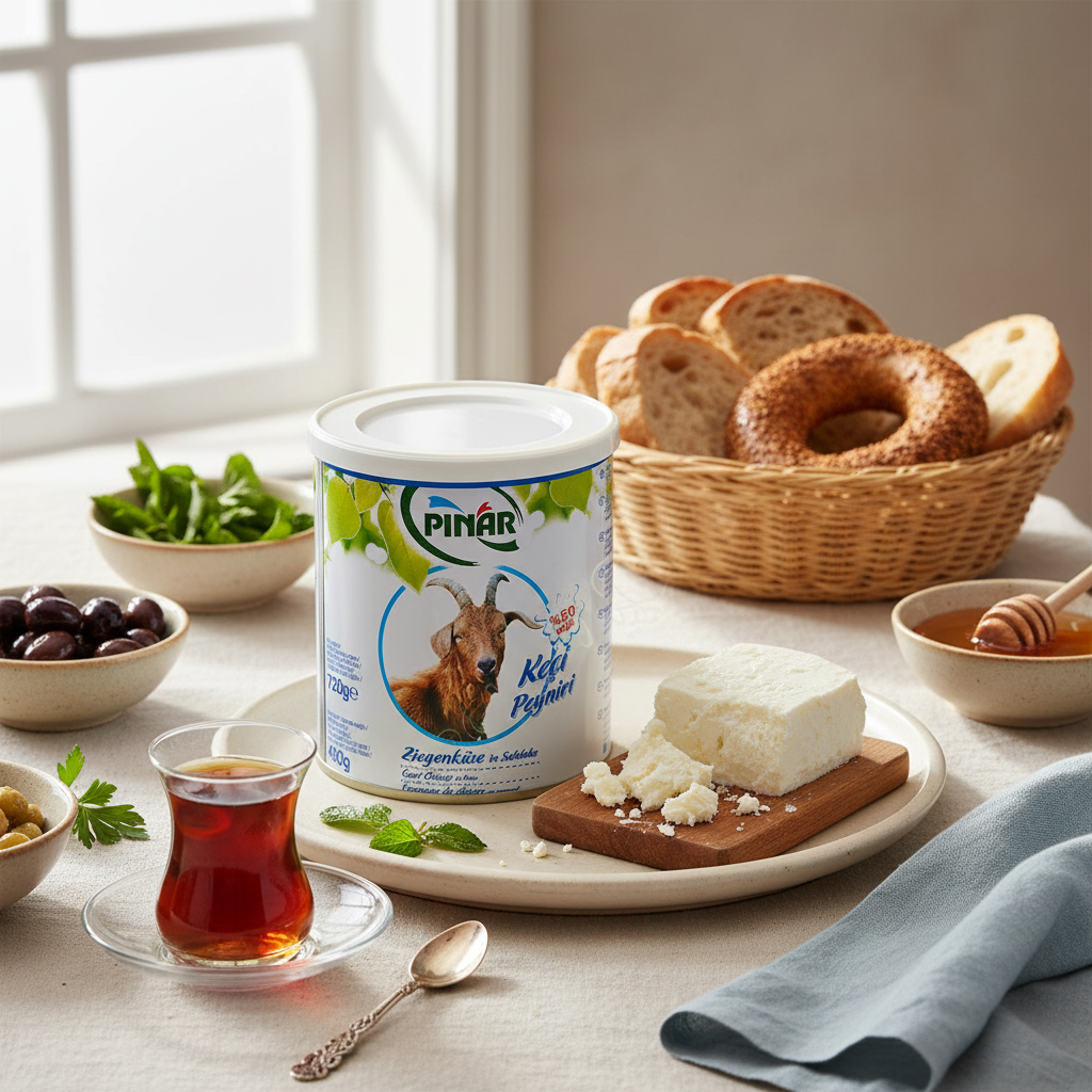 Pinar keçi peyniri %50 yağlı 400g Pinar kazas siers 50% tauku brokastu galda servējumā ar maizi un olīvām