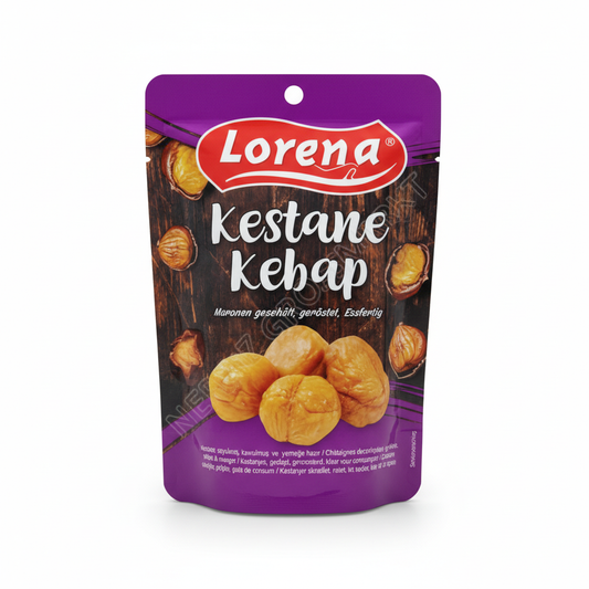 Lorena kastaņi kebabs 125g iepakojums, profesionāla produkta fotogrāfija uz baltā fona