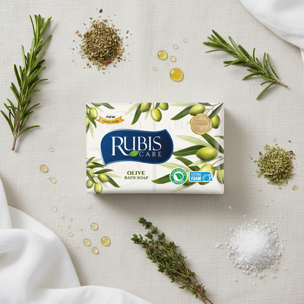 Dabīgās ziepes,  RUBIS, olīvu aromāts 150 g x 4 gab. RUBIS olīvu ziepes flat lay kompozīcijā ar Vidusjūras elementiem
