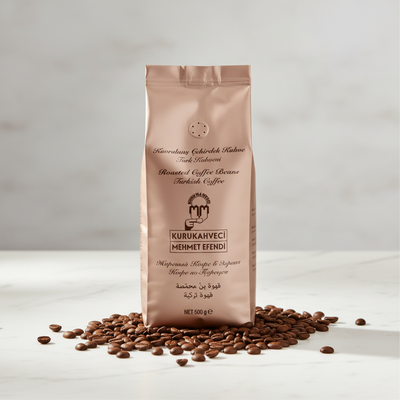Kohvioad KURUKAHVECI MEHMET EFENDI, 500 g KURUKAHVECI MEHMET EFENDI kafijas pupiņas 500g iepakojums ar svaigām Arabica pupiņām, premium produkta fotogrāfija