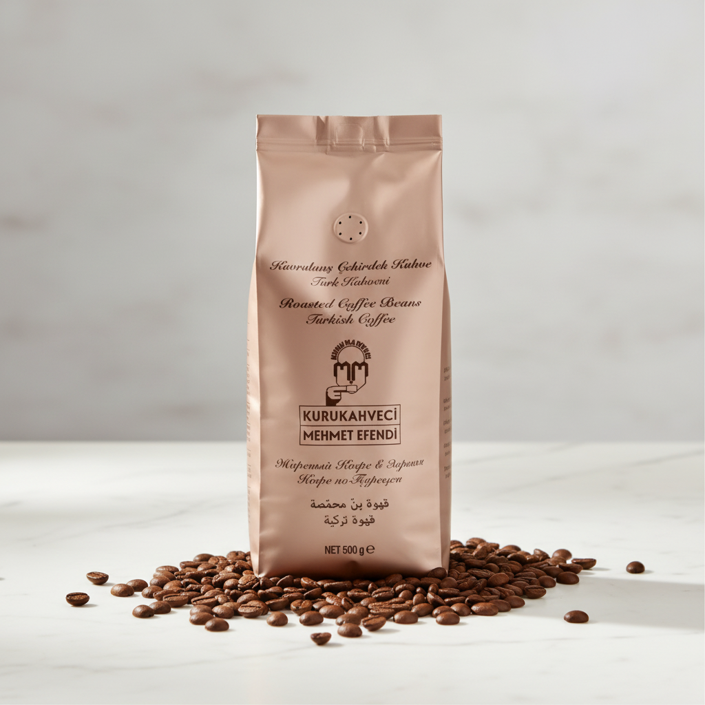 Kafijas pupiņas KURUKAHVECI MEHMET EFENDI, 500 g KURUKAHVECI MEHMET EFENDI kafijas pupiņas 500g iepakojums ar svaigām Arabica pupiņām, premium produkta fotogrāfija