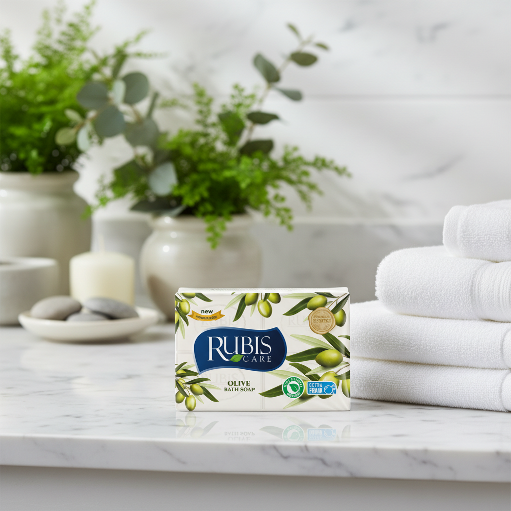 Dabīgās ziepes,  RUBIS, olīvu aromāts 150 g x 4 gab. RUBIS dabīgās ziepes luksusa vannas istabas vidē ar dvieļiem un augiem