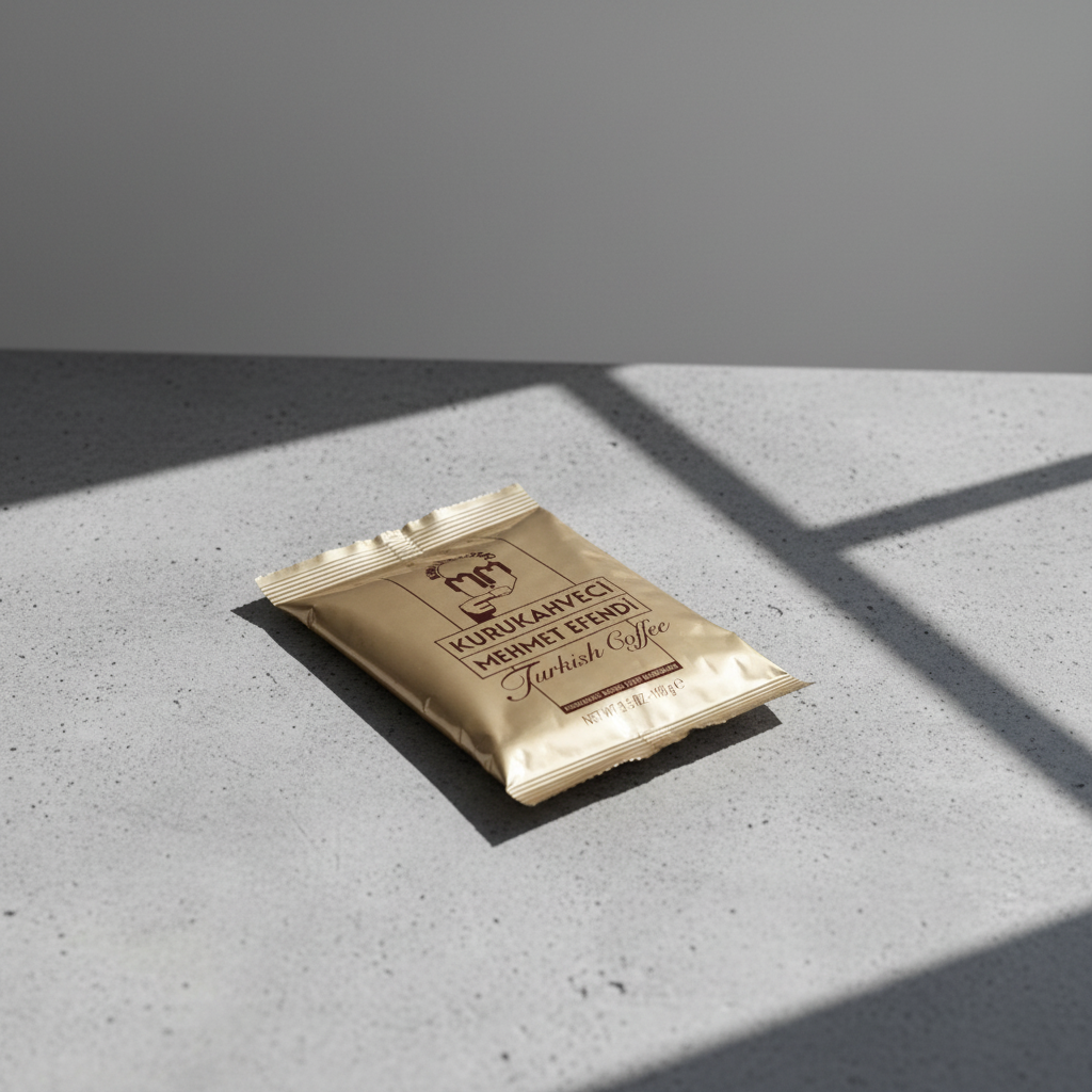 Кофе Kurukahveci Mehmet Efendi турецкий 100г  Mehmet Efendi turku kafija 100g minimālistiskā mūsdienu kompozīcijā uz betona virsmas