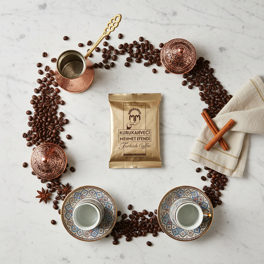 Mehmet Efendi turku kafija 100g ar tradicionālo kafijas servīzi uz marmora virsmas