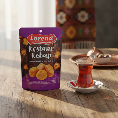 Kestane kebabı, Lorena 125g Lorena kastaņi kebabs 125g ar turku tēju uz koka galda, tradicionāls uzkodu attēls
