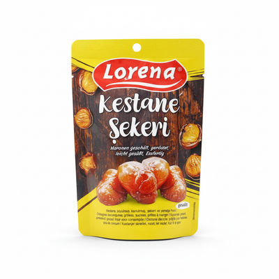 Cukurots kastanis, Lorena, 125g Lorena cukurots kastanis 125g iepakojums, profesionāla produkta fotogrāfija uz baltā fona