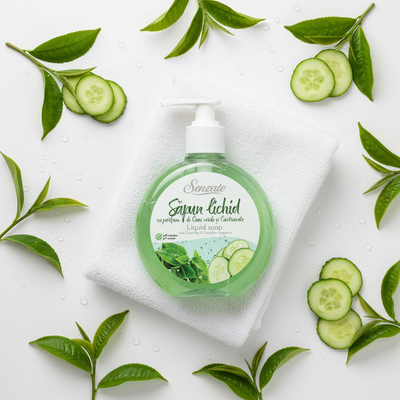 Šķidrās ziepes ar zaļās tējas un gurķu aromātu, SENZATE, 500ml SENZATE šķidrās ziepes ar zaļās tējas un gurķu aromātu 500ml elegantā flat lay kompozīcijā