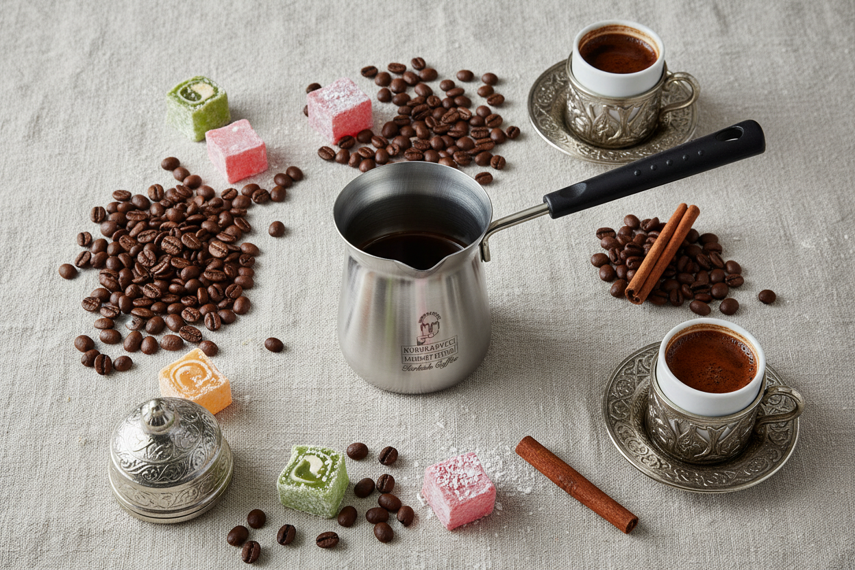 Turku kafijas kanna, maza, CEZVE, Sudraba krāsā (līdz 3 tasītēm) Turku kafijas kanna premium kompozīcijā ar arabica kafijas pupiņām un turku saldumiemtradicionālā turku kafijas kultūra