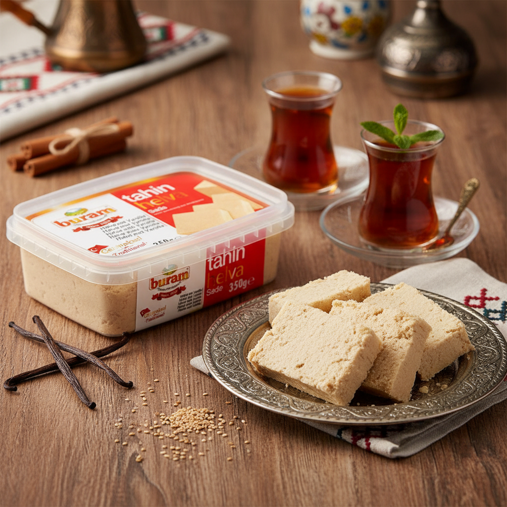 Buram vaniļas halva tradicionālā turku vidē ar turku tēju, sezama sēklām un vaniļas pākstīm, rustikāls galds