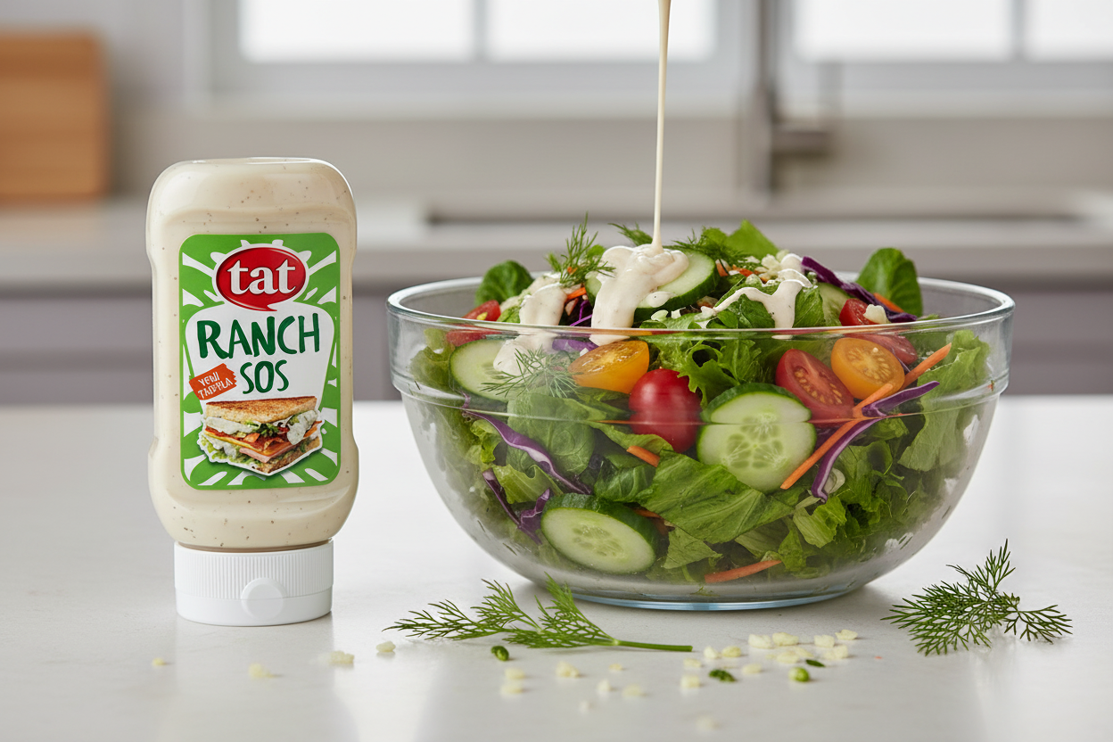 Tat Ranč mērce lietošanā ar svaigu zaļo salātu un dārzeņiem