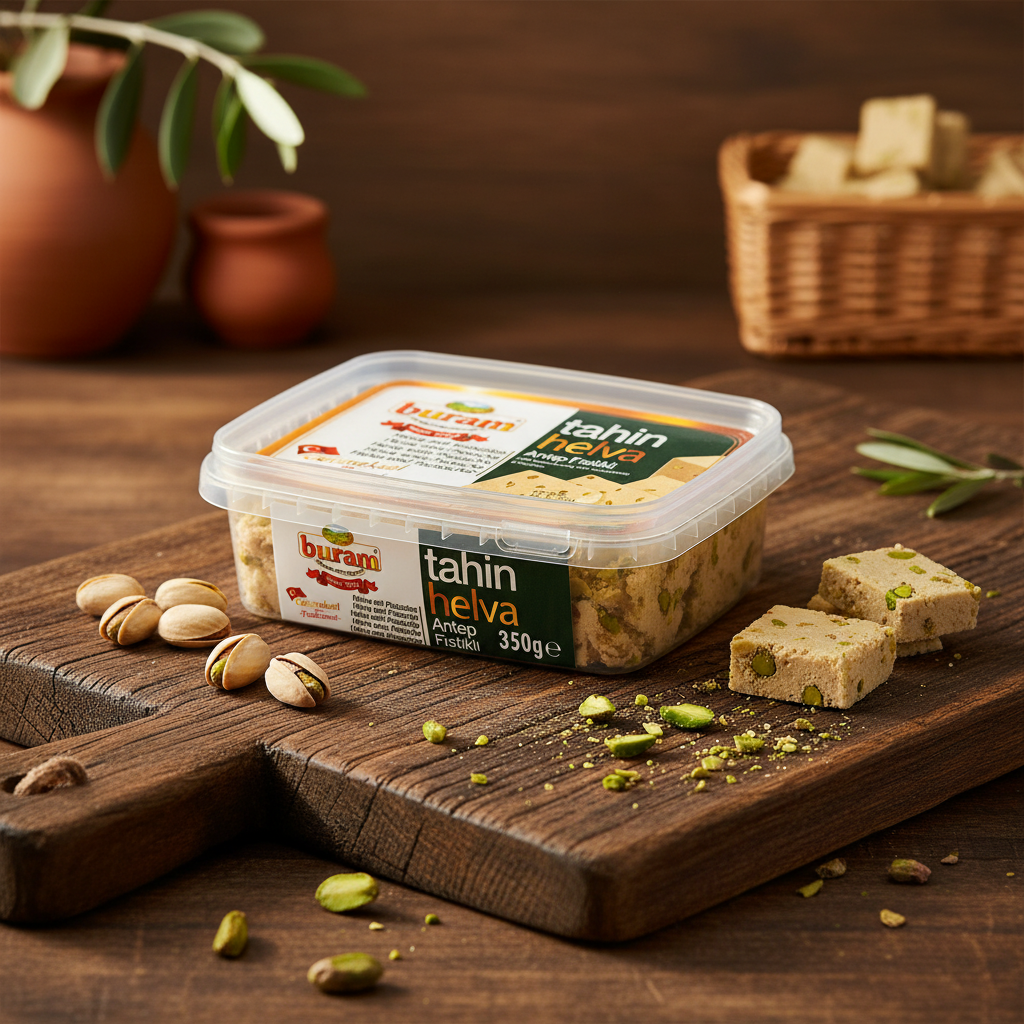 Buram Antep fıstıklı Helva 350g Buram halva ar pistācijām 350g uz koka dēļa ar svaigām pistācijām, premium kvalitāte