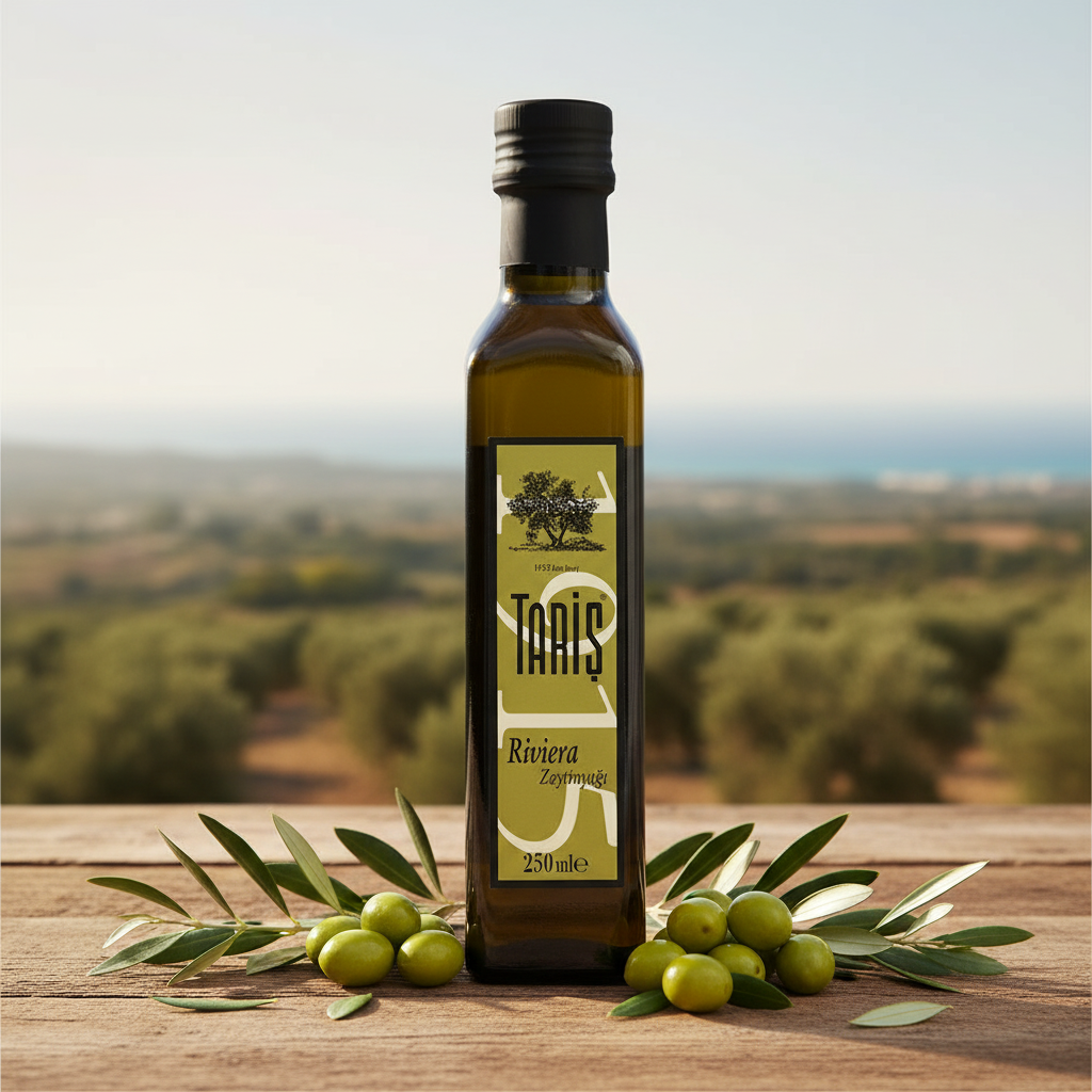 Taris Riviera olīveļļa, stikla 250ml Taris Riviera olīveļļa 250ml stikla pudelē ar svaigām zaļām olīvām un olīvu zariem uz koka virsmas