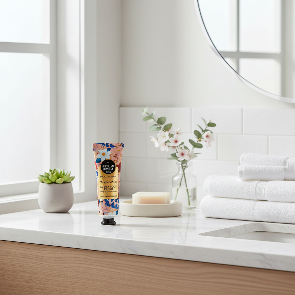 Perfume Jewels The Adventure roku krēms luksusa vannas istabas interjerā ar dvieļiem un ziediem