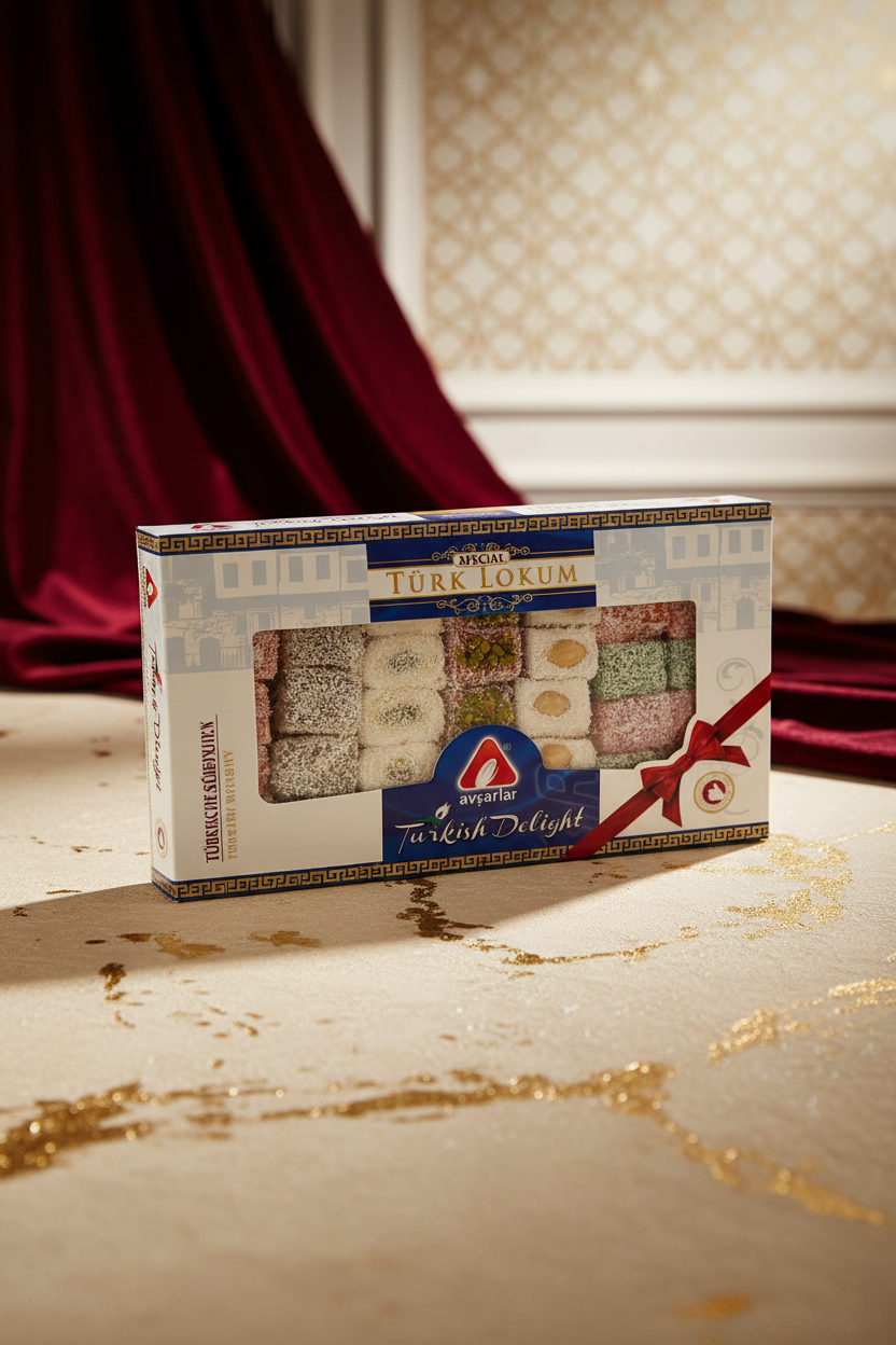 Особый турецкий лукум Avşarlar, 350 г Avşarlar īpašā turku lukuma izlase profesionālā studijas apgaismojumā ar zelta akcentiem, luksusa saldumiņu kolekcija
