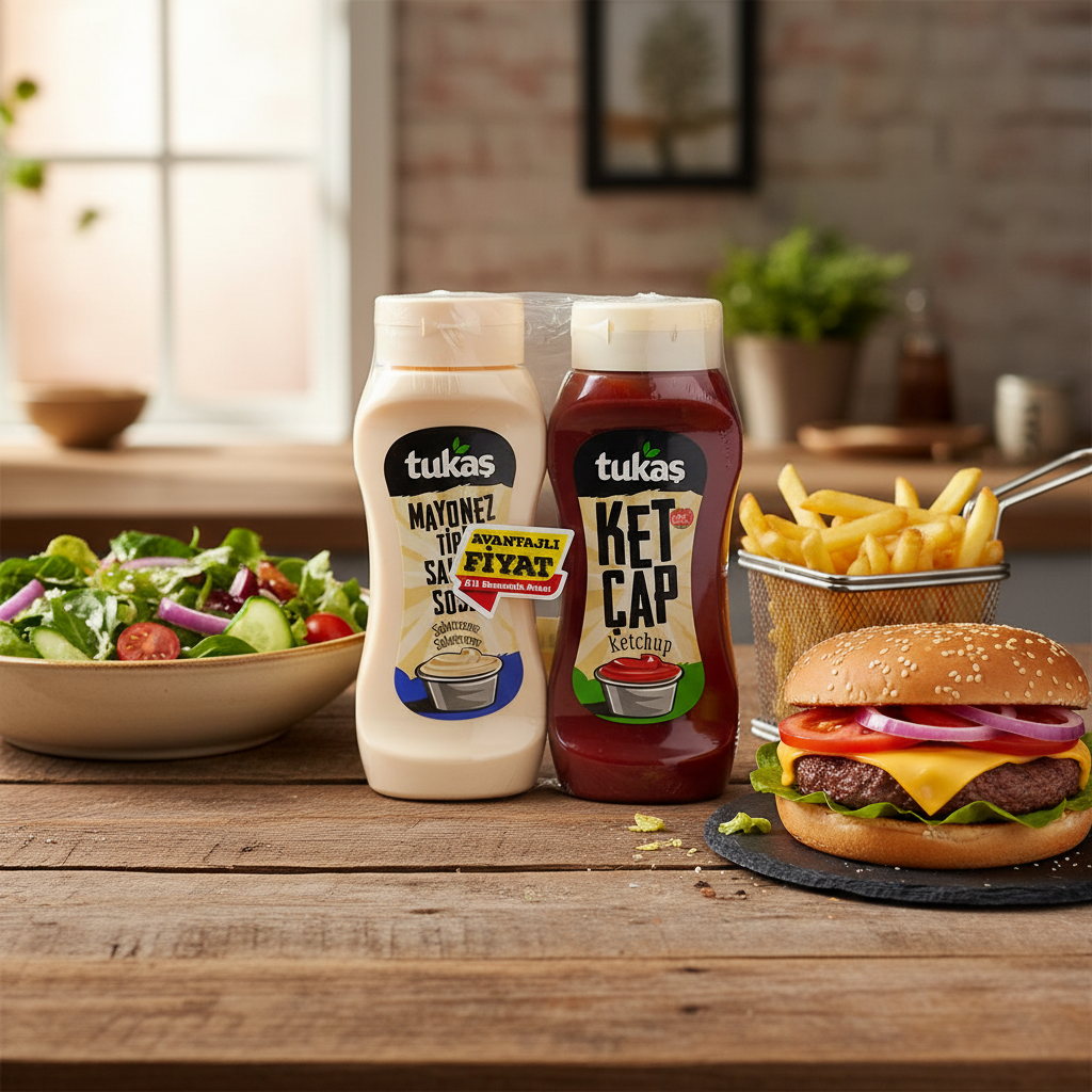 Tukas, komplekts Majonēze salātiem 335g + Kečups 400g Tukas majonēze 335g un kečups 400g ar ēdienu uz koka galda