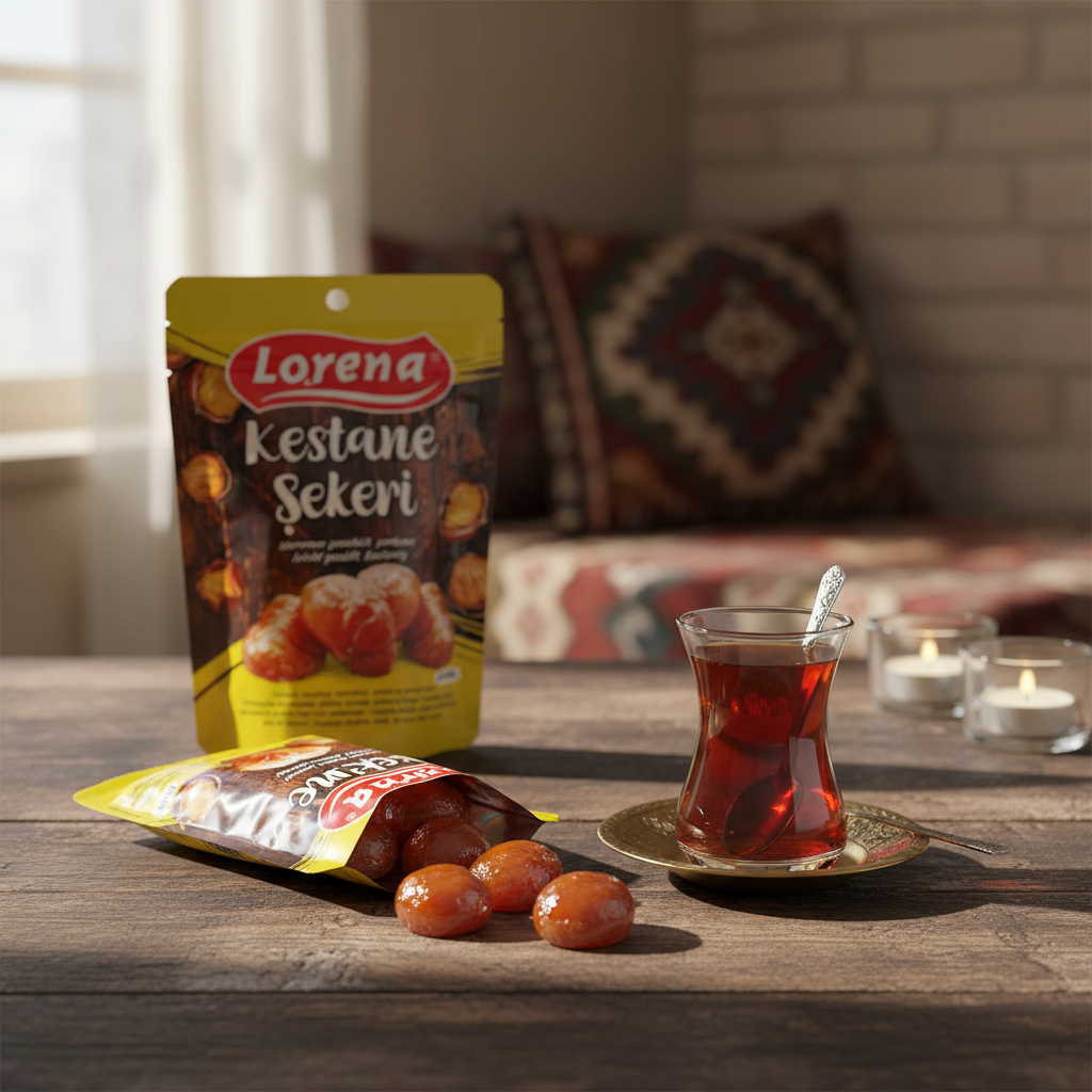 Каштаны в сахаре, Lorena 125г Lorena cukurots kastanis 125g ar turku tēju uz koka galda, tradicionāls uzkodu attēls