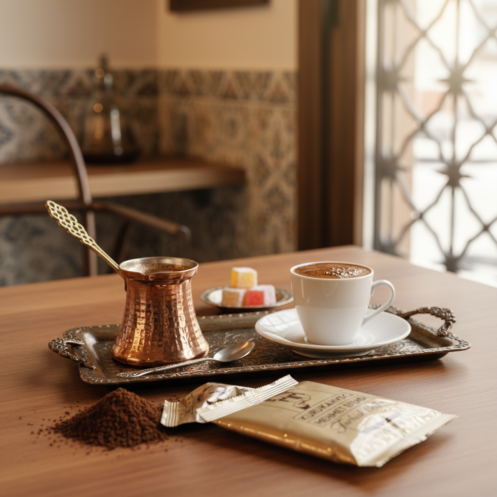 Кофе Kurukahveci Mehmet Efendi турецкий 100г  Mehmet Efendi turku kafija ar tradicionālo cezve katliņu un kafijas putu