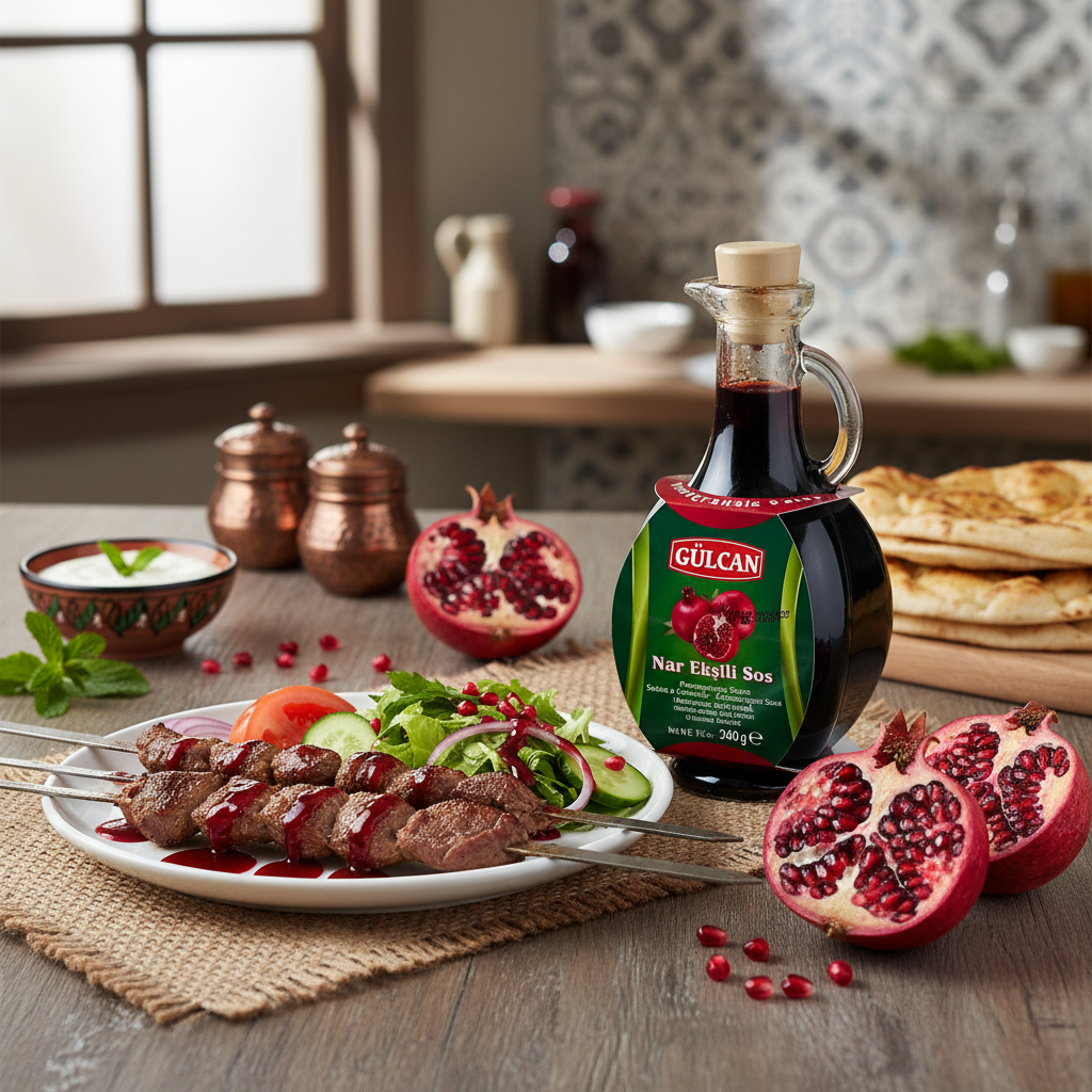 Gulcan granātābolu mērce turku virtuvē ar ēdieniem, svaigiem granātāboliem un tradicionāliem elementiem