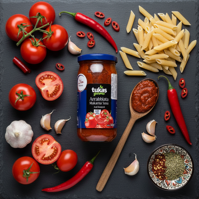 Tukas, Makaronu mērce „Arrabiata“, 360g Tukas Arrabiata makaronu mērce no Turcijas ar asām sastāvdaļām un garšvielām