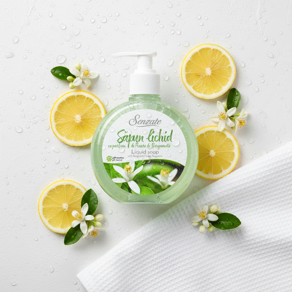 Šķidrās ziepes ar bergamotes zieda aromātu, SENZATE, 500ml SENZATE šķidrās ziepes ar bergamotes zieda aromātu 500ml elegantā flat lay kompozīcijā