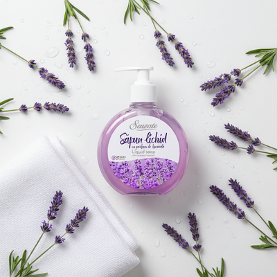 Šķidrās ziepes ar lavandu aromātu, SENZATE, 500ml SENZATE šķidrās ziepes ar lavandu aromātu 500ml elegantā flat lay kompozīcijā ar lavandu